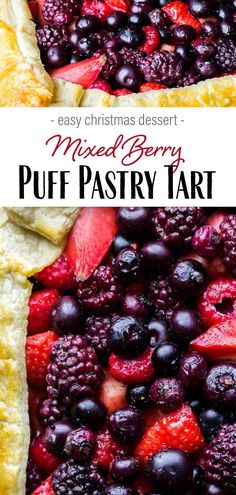 mixed berry puff pastry tart with text overlay