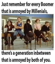 a group of people sitting on top of chairs in front of a tv screen with the caption just remember for every boomer that is annoyed by person, there's a generation in between that is