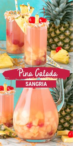 pineapple sangria with pineapples in the background