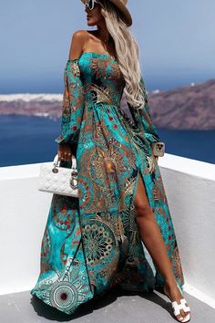 Travel Life Baroque Off Shoulder Maxi Dress – ricidress Mode Prints, Printed Beach Dresses, Holiday Maxi Dress, Boho Beach Dress, Off Shoulder Fashion, Moda Boho, Printed Long Dresses, Floral Print Maxi, Floral Print Maxi Dress