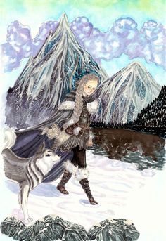 a drawing of a woman walking in the snow with a wolf on her back and mountains in the background