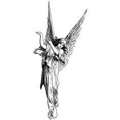 an angel with wings flying in the air, vintage line drawing or engraving illustration stock photo