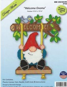 a cross stitch pattern with a gnome sitting on a swing holding a welcome gnome sign