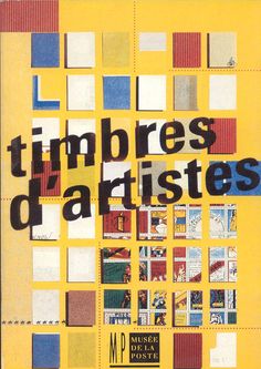 an advertisement for the art exhibition timbres d'artistes, in yellow and blue