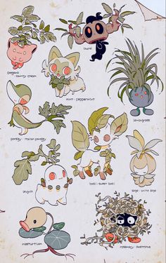 an old book with various cartoon characters and plants on the pages, all in different shapes and sizes