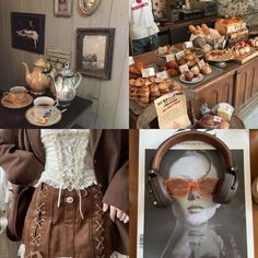 a collage of photos with various items on display and in the foreground is a mannequin's head