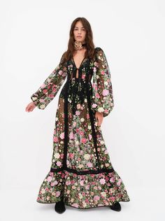 Sheer tulle maxi dress with a vibrant spring garden embroidery and a plunging neckline. Billowing sleeves, delicate tie at bodice, lace detailing throughout, built-in bra and high-waist pant Women Lace Dress, Floral Patchwork, Long Beach Dress, Dress Backless, Dress Flowy, Bodycon Maxi Dresses, Lace Patchwork, Puff Sleeve Dresses, Long Sleeve Floral Dress