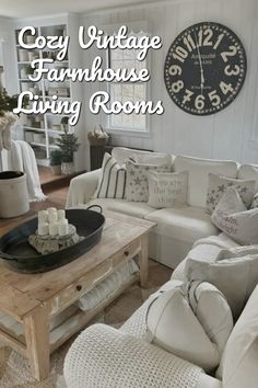 cozy vintage farmhouse style living room with white couches and large clock on the wall