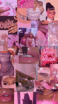 a collage of photos with pink and purple colors