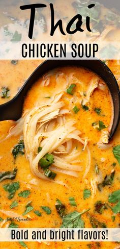 a ladle of soup with text overlay that reads thai chicken soup - bold and bright flavors! Bean Soup Recipes Healthy, Thai Chicken Curry Soup, Bean Soup With Sausage, Bean Soups, Soup Recipes Healthy, Curry Soup Recipes, Chicken Curry Soup, Soup With Sausage, Thai Chicken Soup