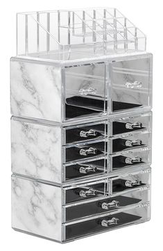 Tired of searching for your favorite products? Whether you   re a beauty beginner or glam guru, you now have a place to display your essentials. This large 4-piece makeup organizer by Sorbus is a stylish way to store your beauty collection. It features twelve drawers total (both small and large) with a sleek clear view. The top tray compartment includes sixteen slots, perfect for dividing your makeup brushes, lipsticks, perfume bottles, skincare, and more. With an interchangeable design, this en Pakistani Bridal Makeup Hairstyles, Pakistani Bridal Makeup, Gift Makeup, Makeup Hairstyles, Room Redesign, Make Up Organiser, Plastic Items, Cosmetic Organizer, Makeup Organizer