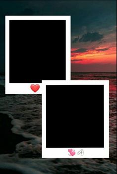 two square frames with hearts on them in front of the ocean at sunset or sunrise