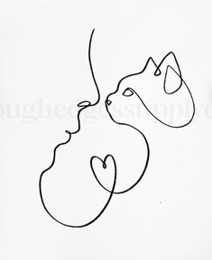 a black and white drawing of two cats with one cat's head facing each other