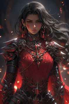 a woman with long hair wearing red and black armor, standing in front of flames