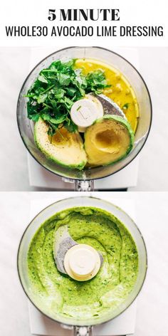 the steps to make avocado lime dressing in a food processor are shown here