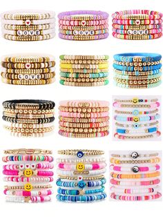 many different bracelets with smiley faces and beads on each one, all in different colors