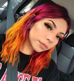 Colorful Halo Hair, Bright Short Hair, Hair Dye Ideas Shoulder Length, Dark Colorful Hair, Purple And Orange Hair, Yellow Orange Hair, Purple And Pink Hair, Colored Bangs, Emerald Green Hair