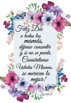 a floral frame with the words in spanish and english, surrounded by purple flowers on a white background