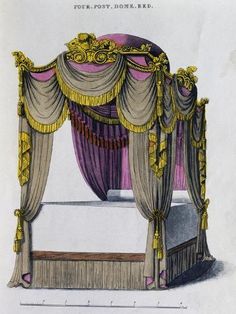 an antique drawing of a canopy bed with drapes and curtains on the top side