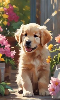 a painting of a golden retriever puppy sitting in front of some pink and yellow flowers