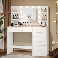 a white vanity with lights on it in a room