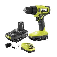 a cordless drill with two batteries and one charger