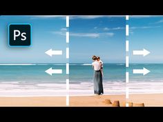 a woman standing on top of a sandy beach next to the ocean with arrows pointing in different directions