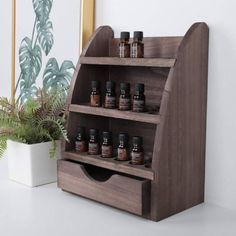 a wooden spice rack with bottles on it next to a potted plant and mirror