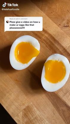 two halves of hard boiled eggs on a wooden cutting board with an instagram message