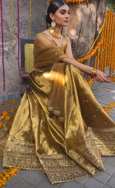 Gold Suit Woman Indian, Simple Bridal Lengha, Regal Indian Outfit, Lehenga For Brown Skin Tone, Lady Sangeet Outfit Punjabi, Golden Dress Indian, Haldi Suits, Maiyan Outfit, Haldi Aesthetic