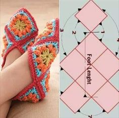 crocheted slippers are shown next to an origami pattern