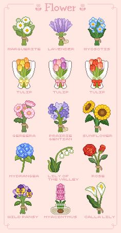 cross stitch pattern with flowers in different colors and sizes on the front, side, and back