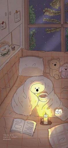 a bed room with a lit candle and teddy bears