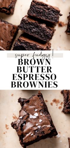 brownies with white chocolate frosting on top and the words super easy brownie butter espresso brownies