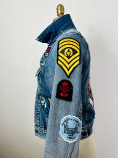 Vintage Levi's Jean Jacket with vintage patches, "The Nellie" one of a kind, feminist theme, size medium denim, for women's fashion, gift