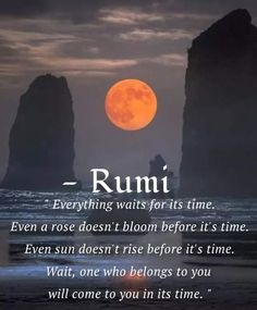 a full moon and some rocks in the ocean with a quote from rumi on it