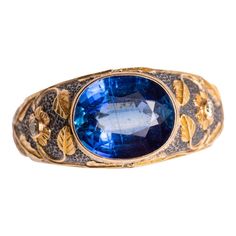 This is part of Chairish’s Fine Jewelry assortment.  A stunning faceted, oval blue kyanite center gemstone in a sterling silver ring with 18K gold overlay in a floral and vine motif.  Two round diamonds create the center of the two flowers on the sides.  Ring size is an 8.  The fine jewelry collection is sourced, designed or created by Deborah Lockhart Phillips. Through her international travels, she has cultivated prime resources for fine precious and semi-precious gemstones of unusual cuts in Lapidary Jewelry, Two Flowers, Unusual Rings, Gold Overlay, Blue Kyanite, Gold Piece, Domed Ring, Fine Jewelry Collection, Precious Gemstones