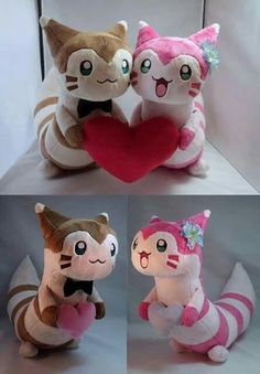 three different stuffed animals with hearts in their hands