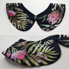 two pictures of the same fabric with different flowers and leaves on it, one has a zippered closure