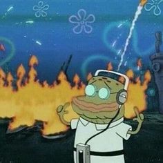 a cartoon character with headphones standing in front of a fire