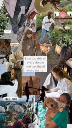 the collage shows people and animals in different pictures, including one woman holding a dog