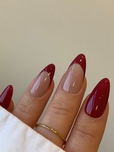 Colourful Nails, Almond Nails With Red Design, One French Tip Nail, Nails Round Shape, Colorful Nails, Casual Nails, Elegant Nails