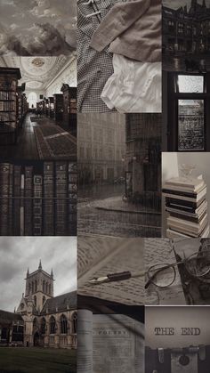 a collage of images with books and buildings in the background, including an old church