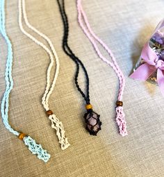 These super cute crochet necklaces can hold any crystal you choose for the day. Super easy to change out your crystal and many colors for matching any outfit. Contains a wood bead for easy opening and closing. Crystals are secure. Crochet Crystal Necklace, Crystal Pouch Necklace, Crochet Crystal, Crystal Pouch, Super Cute Crochet, Pouch Necklace, Crochet Necklaces, Crystal Necklaces, Cute Crochet