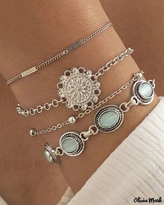 Olivia Mark - Juego de 4 Pulseras Bohemias con Cadena Floral Ojo de Gato Cat Eye Bracelet, Mark 4, Bracelet Set Silver, Bracelets Set, Geometric Floral, Vintage Type, Cats Eye, Boho Vintage, Style Boho