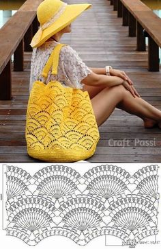 a woman sitting on a dock with a yellow purse in front of her, and an image of the pattern