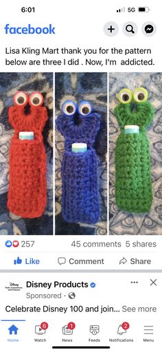 two crocheted stuffed animals sitting next to each other