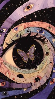 an eye with a butterfly on it surrounded by stars