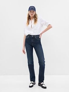 Fit: A full-length classic straight-leg jean that's slim through the hip & thigh.  Fabric: 83% Cotton, 11% Polyester, 5% Recycled Cotton, 1% Stretch.  Stretch: Low Stretch Jeans.  Looks like vintage denim but feels like you've had them forever.  ​Easy & comfortable with a little secret stretch.  Rise: High Rise Jeans.  Look: A classic five-pocket jean in a dark indigo wash.  Details: Zip fly & five-pocket styling.  Responsibly Made: This pair of jeans is part of our water-saving Washwell program 90s Fits, Azul Indigo, Jeans Look, Gap Women, Dark Indigo, Gap Denim, Gap Jeans, Washed Jeans, Light Wash Denim