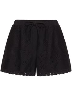 Valentino Ready To Wear black cotton/silk/virgin wool-silk blend floral embroidery drawstring fastening waist two rear patch pockets Valentino Ready To Wear, Embroidered Pants, City Dress, Summer Beach Wear, Drawstring Shorts, Dream Clothes, Wearing Black, Black Shorts, Cotton Silk